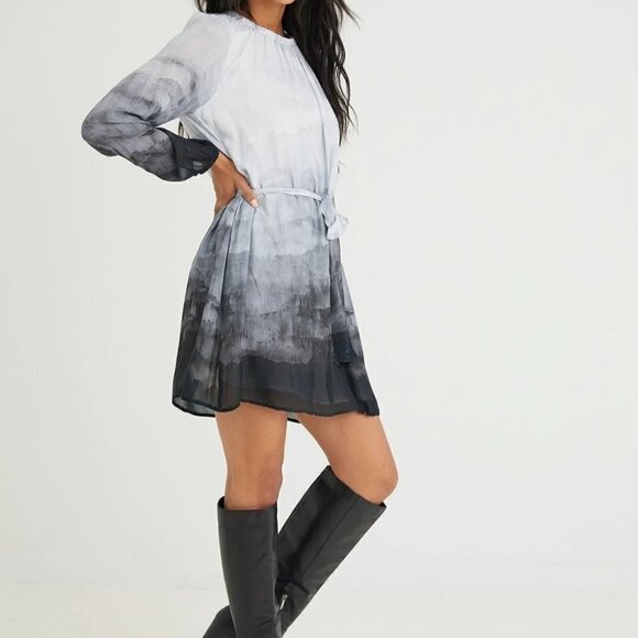 Bella Dahl Gathered Gray Ombre Glacier Print Belted Dress Womens Size XS - Picture 1 of 10